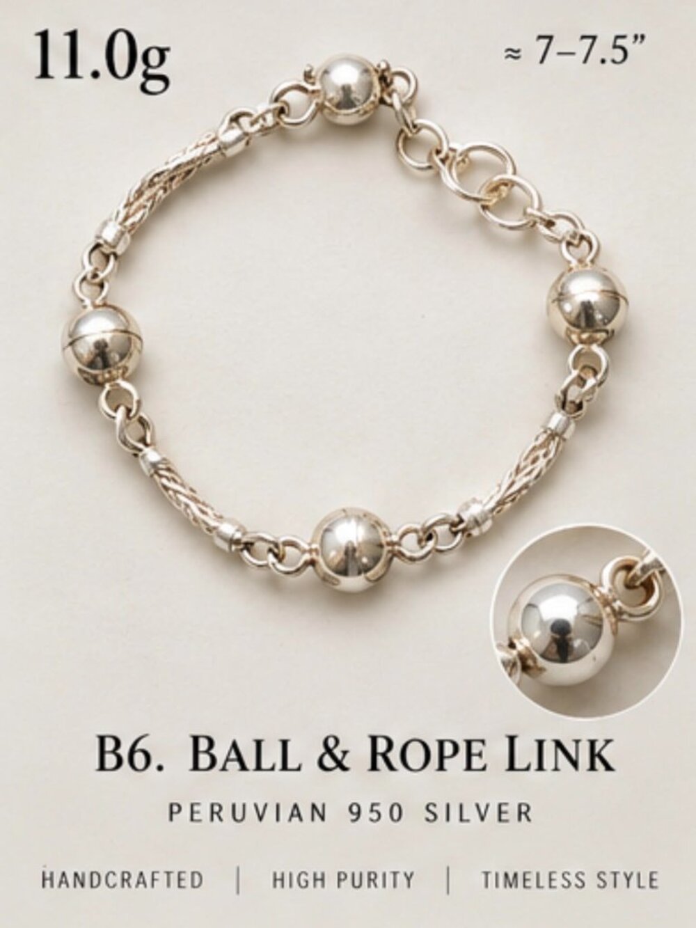Peruvian 950 Silver Ball & Rope Bracelet 11g Adjustable